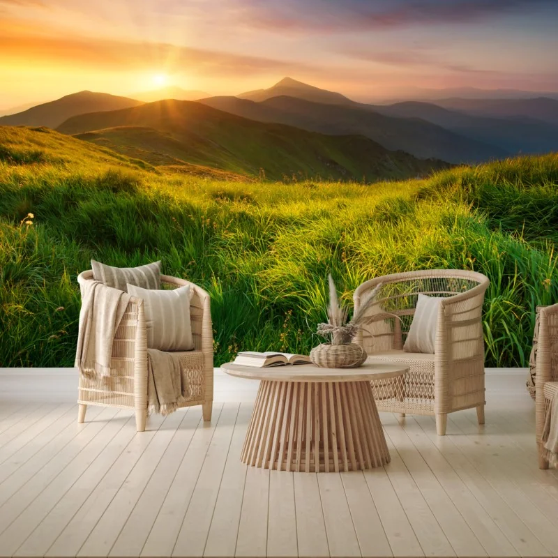 Fototapete sonnenaufgang über dem smaragdgrünen bergtal – Wallnifity® Fototapete sonnenaufgang über dem smaragdgrünen bergtal – Wallnifity®