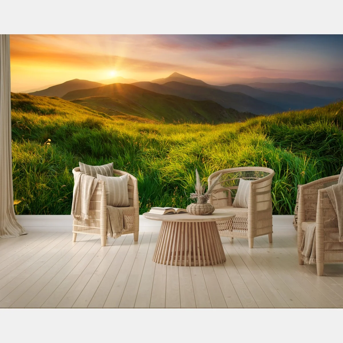 Fototapete sonnenaufgang über dem smaragdgrünen bergtal – Wallnifity® Fototapete sonnenaufgang über dem smaragdgrünen bergtal – Wallnifity®