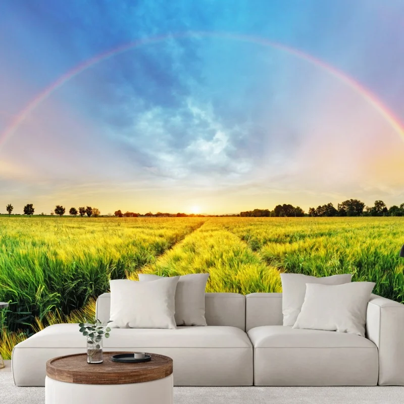 Fototapete regenbogen über goldenem weizenfeld bei sonnenuntergang – Wallnifity® Fototapete regenbogen über goldenem weizenfeld bei sonnenuntergang – Wallnifity®
