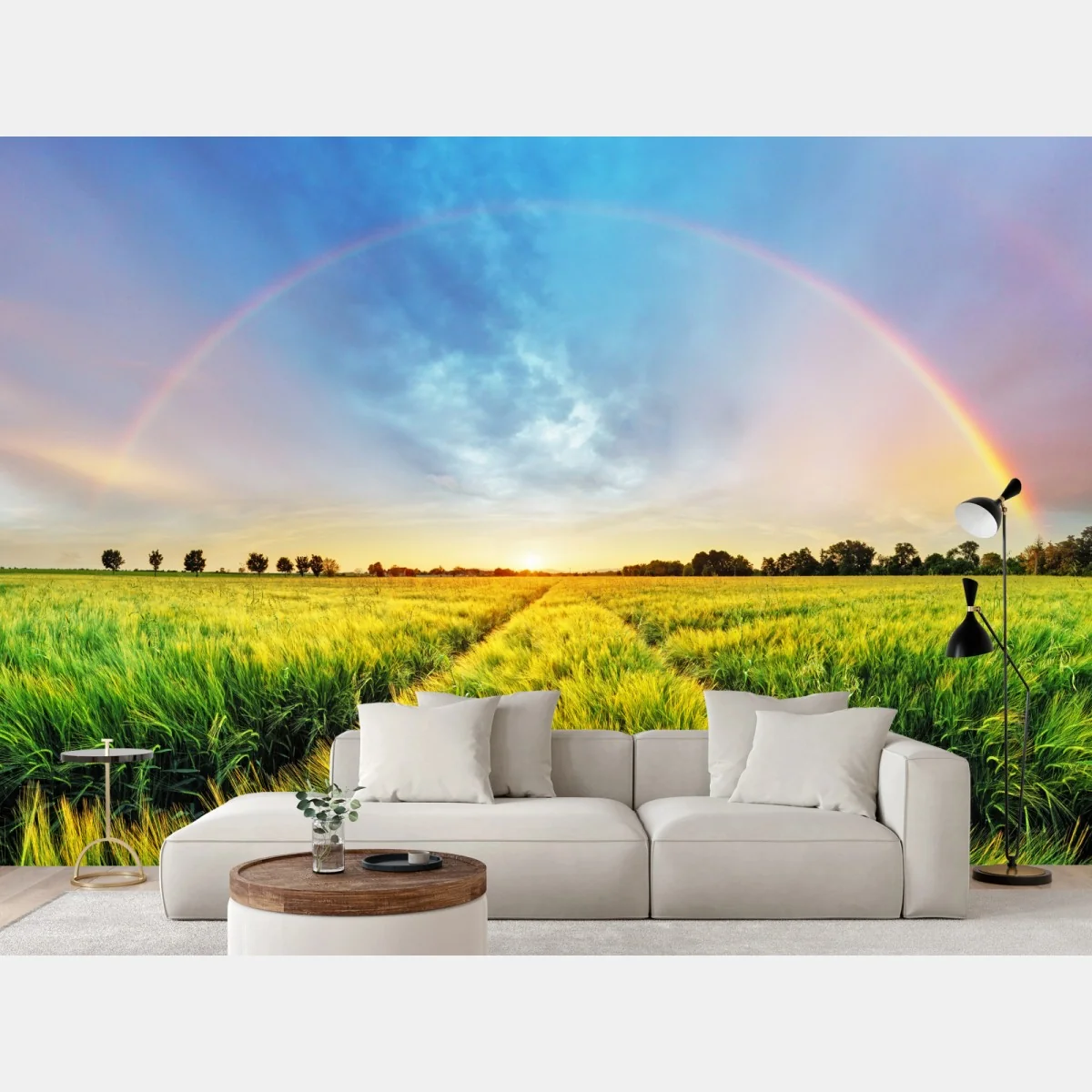 Fototapete regenbogen über goldenem weizenfeld bei sonnenuntergang – Wallnifity® Fototapete regenbogen über goldenem weizenfeld bei sonnenuntergang – Wallnifity®