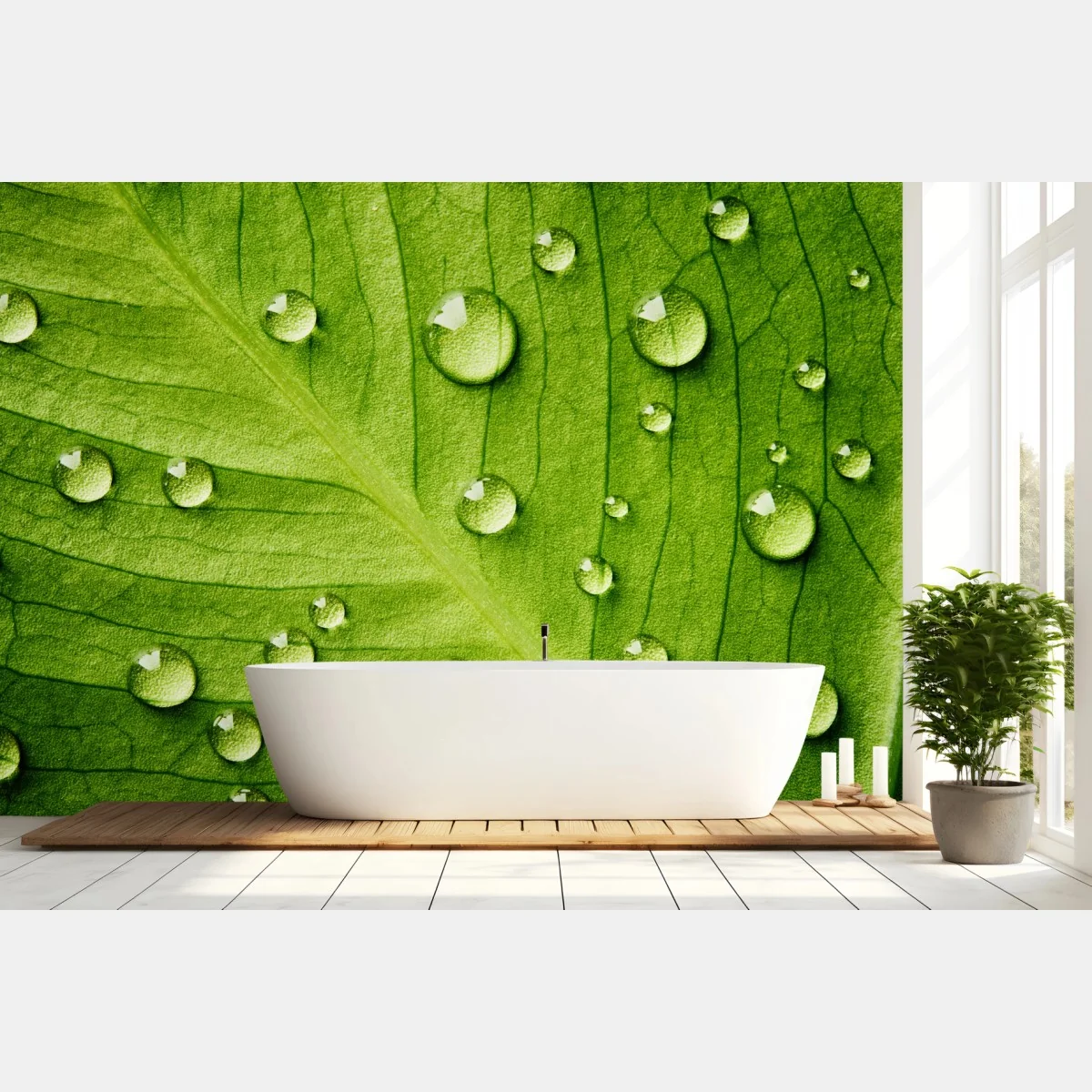 Fototapete frisches grünes blatt mit wassertropfen – Wallnifity® Fototapete frisches grünes blatt mit wassertropfen – Wallnifity®