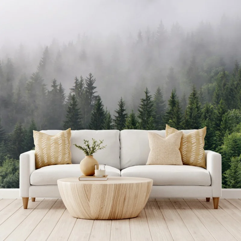 Fototapete nebliger immergrüner wald panorama – Wallnifity® Fototapete nebliger immergrüner wald panorama – Wallnifity®