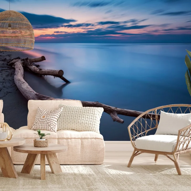 Fototapete treibholz bei dämmerung am ruhigen strand