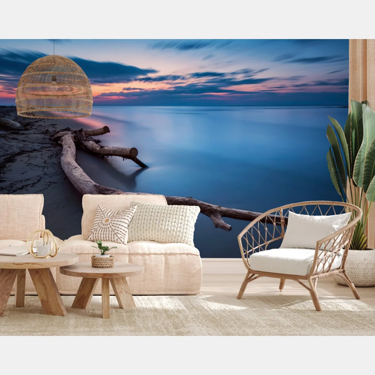 Fototapete treibholz bei dämmerung am ruhigen strand – Wallnifity®