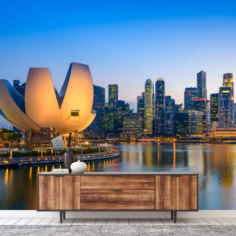 Fototapete Singapur skyline bei dämmerung – Wallnifity® Fototapete Singapur skyline bei dämmerung – Wallnifity®