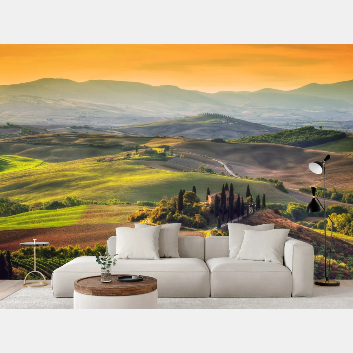 Fototapete Toskana friedliche hügel im abendlicht – Wallnifity® Fototapete Toskana friedliche hügel im abendlicht – Wallnifity®