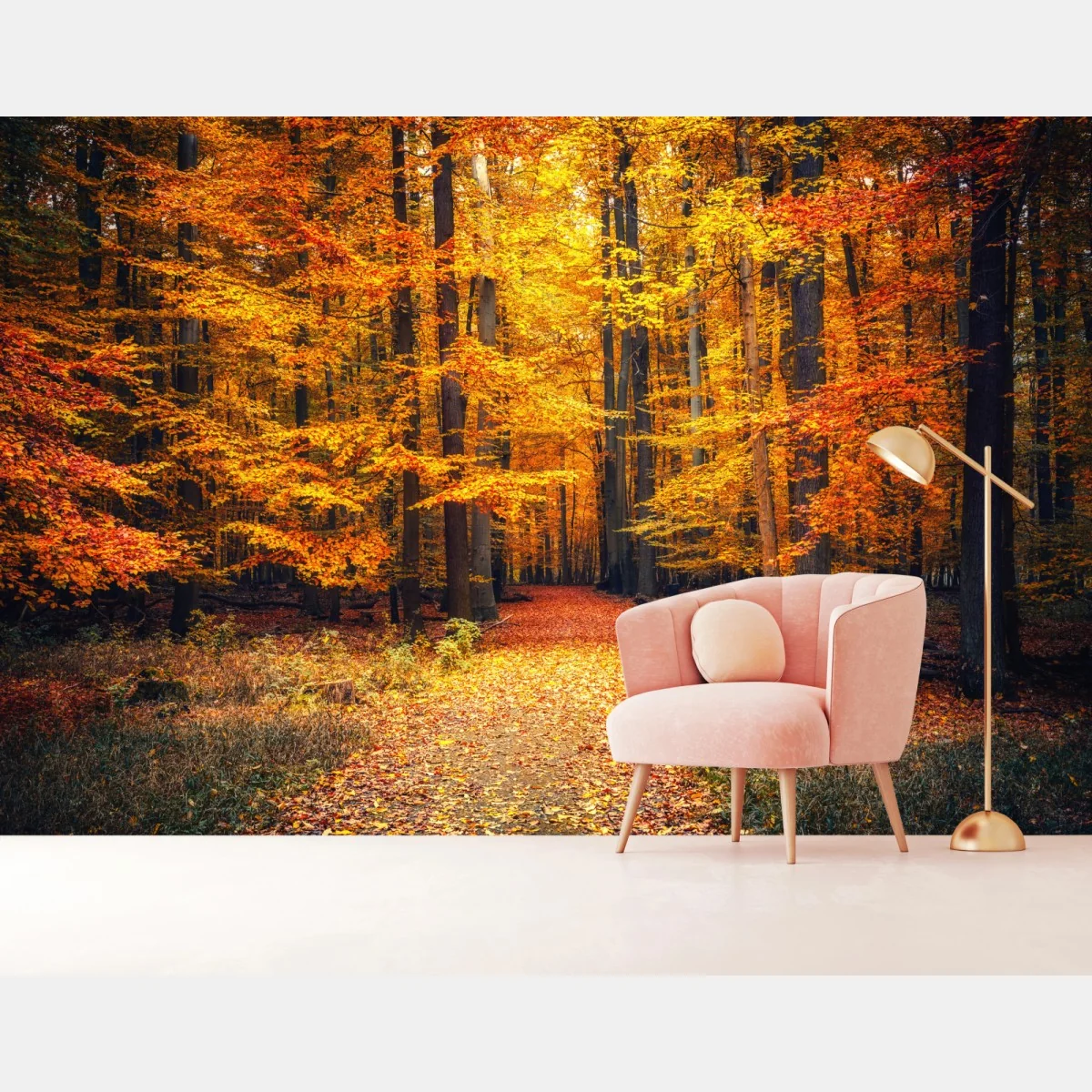 Fototapete herbstlicher waldpfad mit goldenen blättern – Wallnifity® Fototapete herbstlicher waldpfad mit goldenen blättern – Wallnifity®