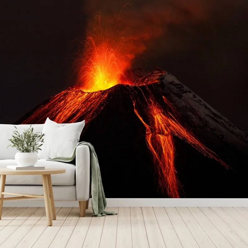 Fototapete glühender vulkanausbruch bei nacht