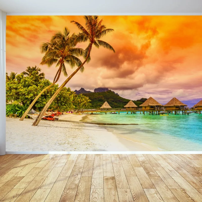 Fototapete sonnenuntergang in Bora Bora über wasserbungalows – Wallnifity® Fototapete sonnenuntergang in Bora Bora über wasserbungalows – Wallnifity®