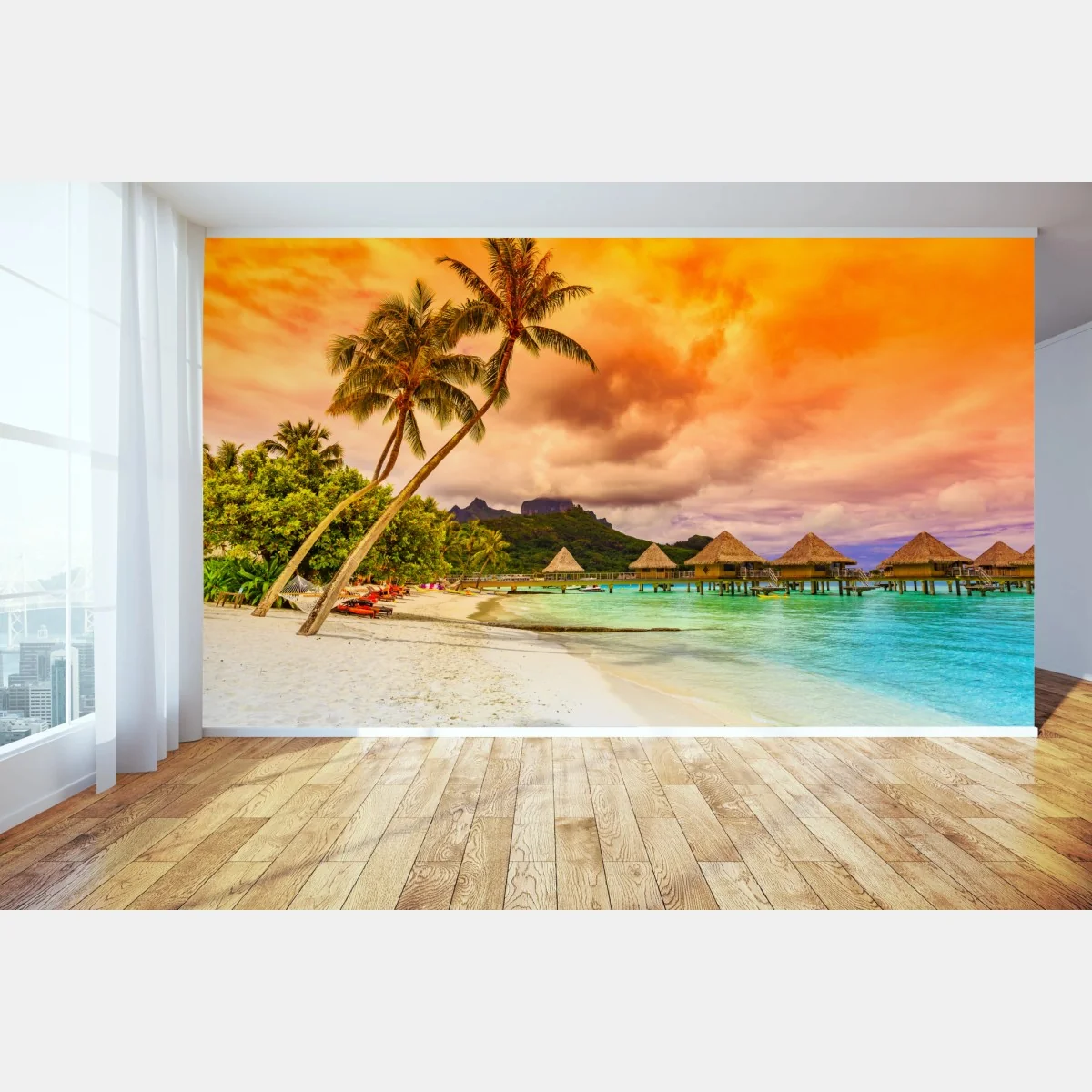 Fototapete sonnenuntergang in Bora Bora über wasserbungalows – Wallnifity® Fototapete sonnenuntergang in Bora Bora über wasserbungalows – Wallnifity®