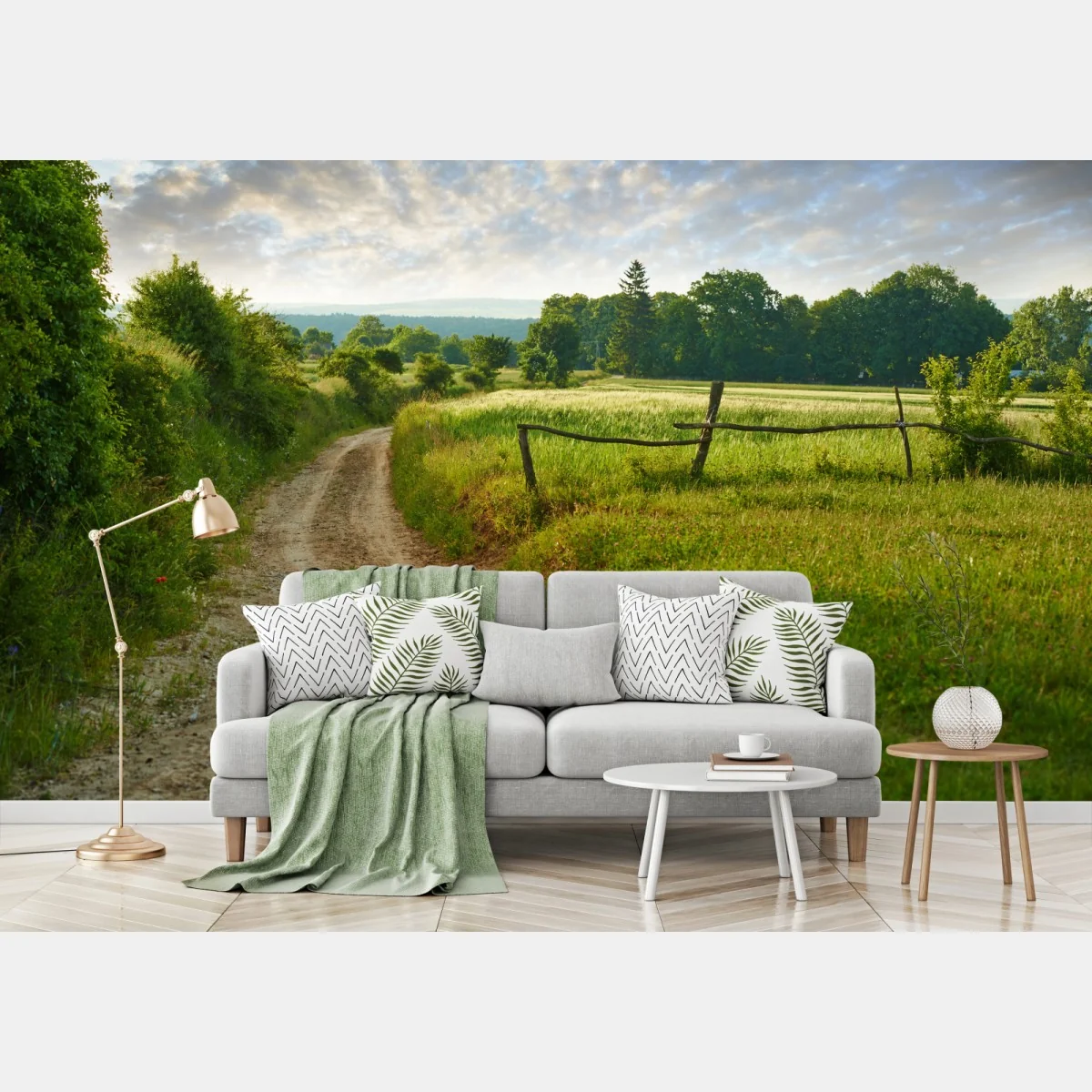 Fototapete sonniger landweg durch grüne wiesen – Wallnifity®