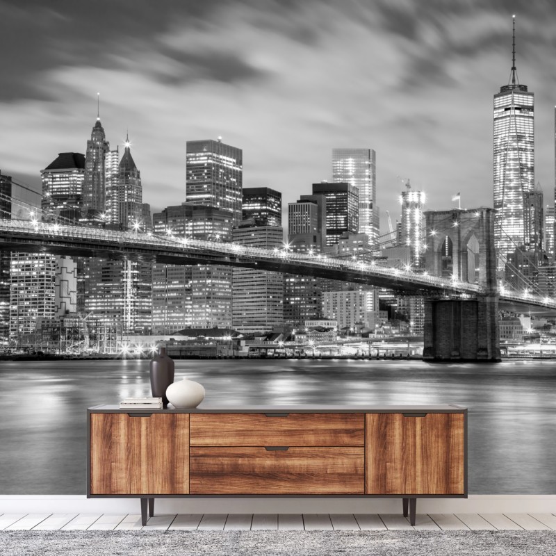 Fototapete schwarzweiß skyline von New York mit Brooklyn Bridge