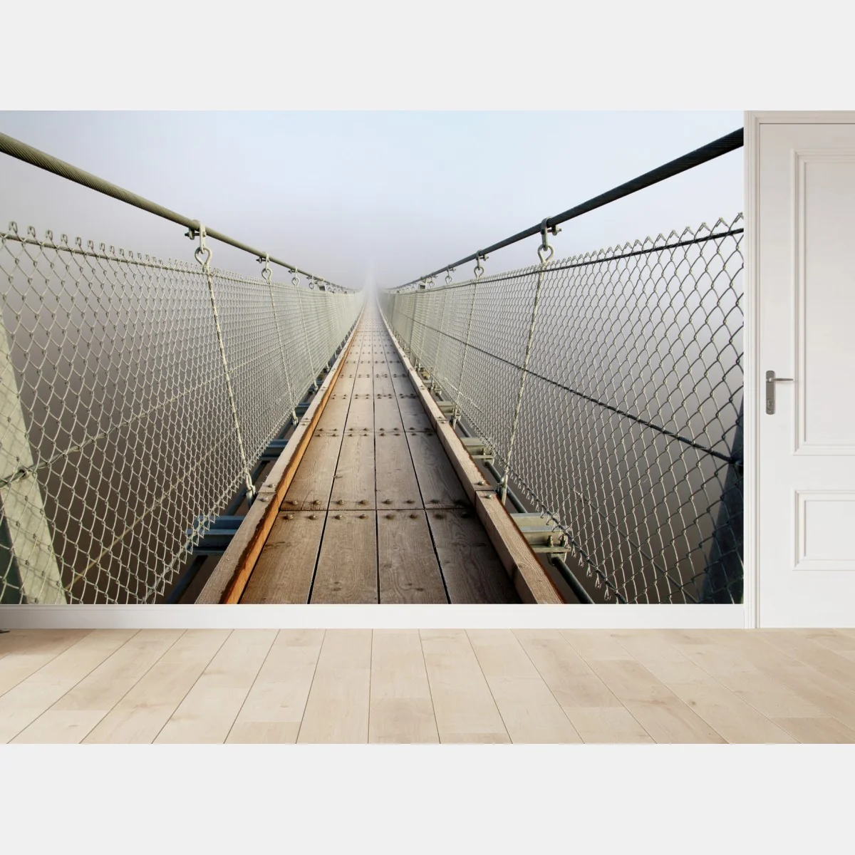 Fototapete neblige hängebrücke die in den nebel führt – Wallnifity® Fototapete neblige hängebrücke die in den nebel führt – Wallnifity®