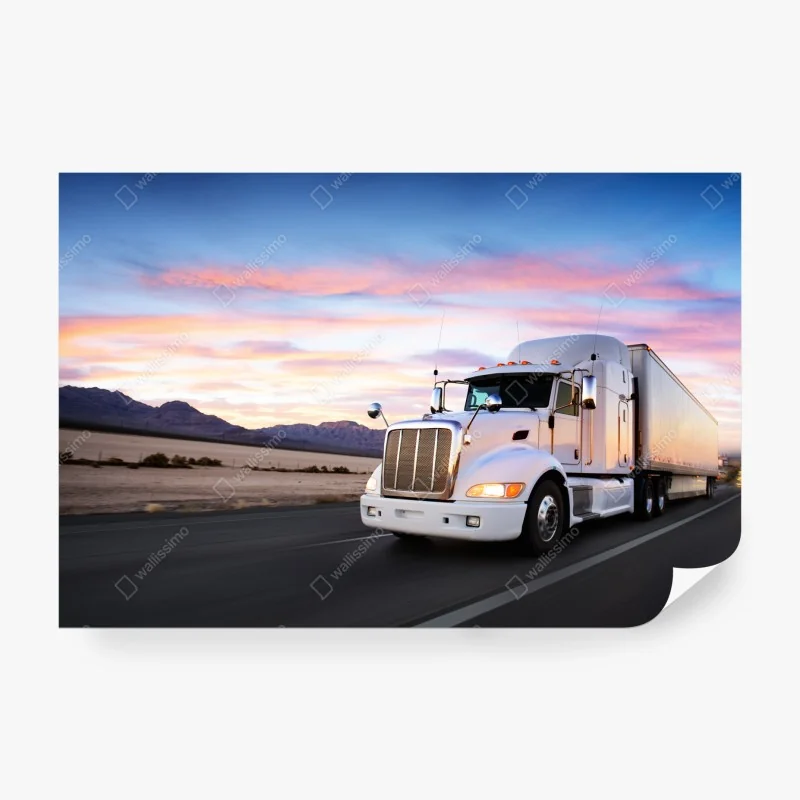 Fototapete lastwagen bei sonnenuntergang auf der autobahn