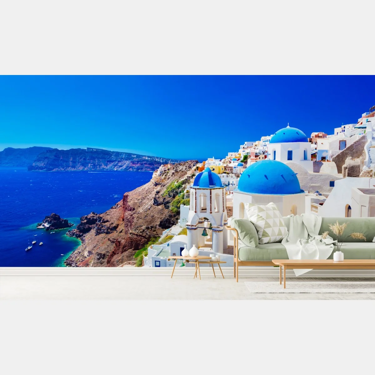 Fototapete Santorini blaue kuppeln über dem Ägäischen Meer – Wallnifity® Fototapete Santorini blaue kuppeln über dem Ägäischen Meer – Wallnifity®