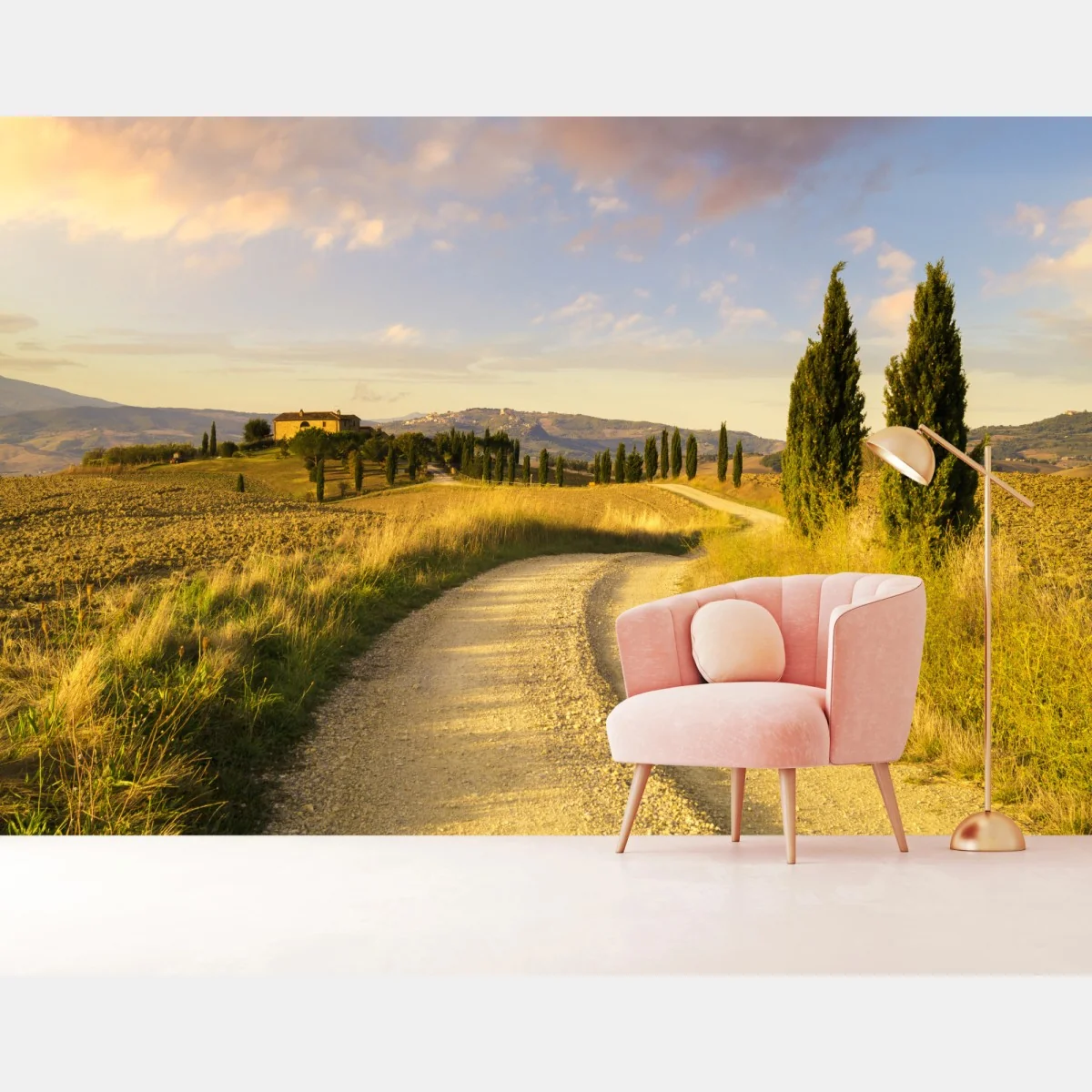 Fototapete goldene landstraße zwischen zypressen – Wallnifity® Fototapete goldene landstraße zwischen zypressen – Wallnifity®