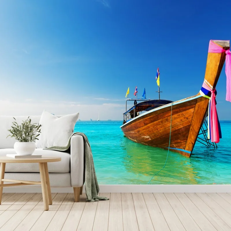 Fototapete langheckboot am türkisfarbenen strand, Andamanensee