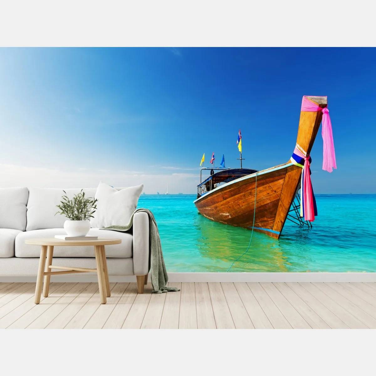 Fototapete langheckboot am türkisfarbenen strand, Andamanensee – Wallnifity® Fototapete langheckboot am türkisfarbenen strand, Andamanensee – Wallnifity®