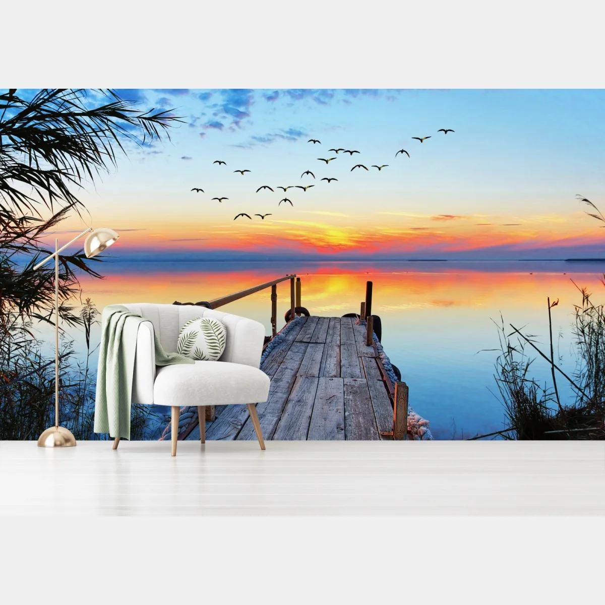 Fototapete steg bei sonnenuntergang über ruhigem see – Wallnifity® Fototapete steg bei sonnenuntergang über ruhigem see – Wallnifity®