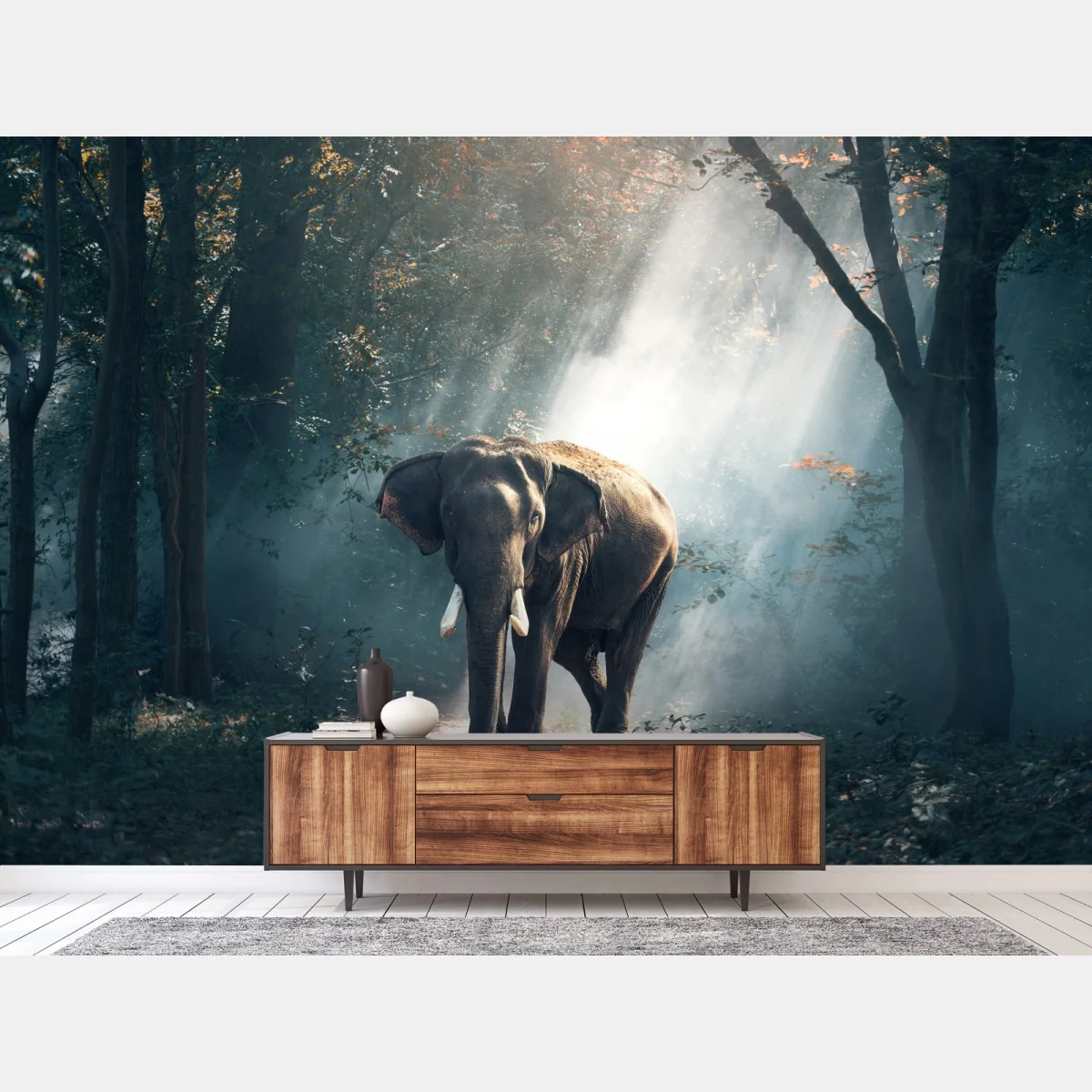 Fototapete majestätischer elefant im sonnenlichtdurchfluteten wald – Wallnifity®