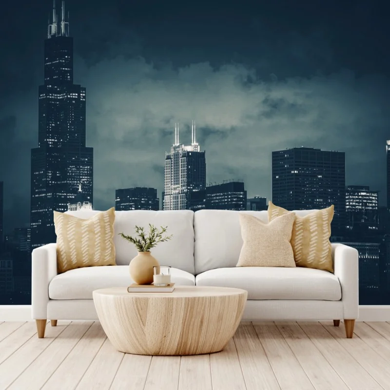 Fototapete Chicago skyline in tiefblauen tönen – Wallnifity® Fototapete Chicago skyline in tiefblauen tönen – Wallnifity®