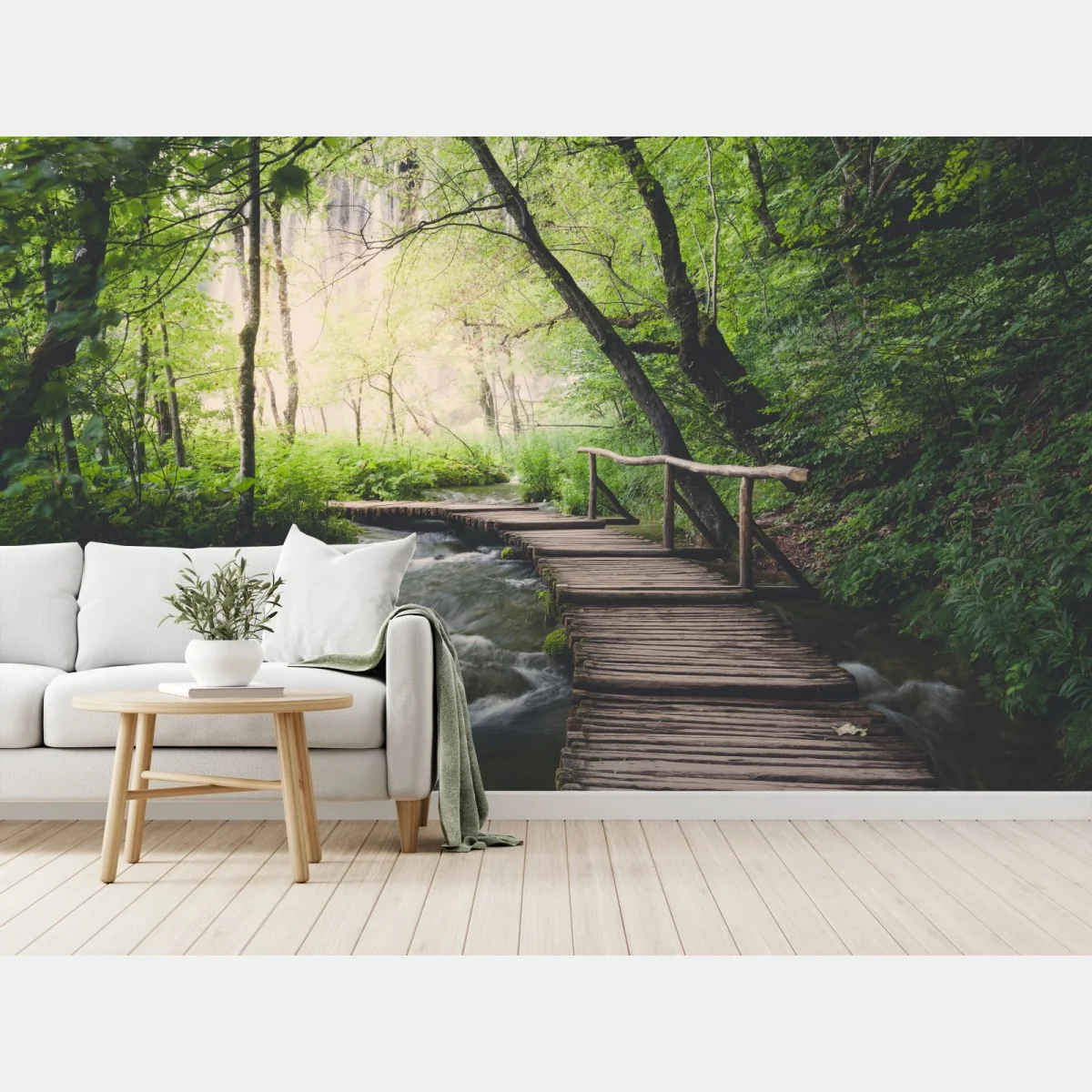 Fototapete ruhiger hölzerner steg durch grünen wald – Wallnifity® Fototapete ruhiger hölzerner steg durch grünen wald – Wallnifity®