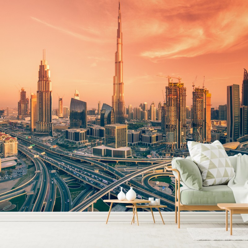 Fototapete Dubai skyline bei sonnenuntergang – Wallnifity® Fototapete Dubai skyline bei sonnenuntergang – Wallnifity®