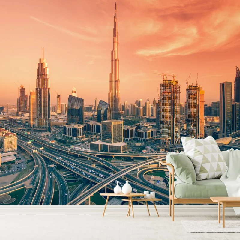 Fototapete Dubai skyline bei sonnenuntergang