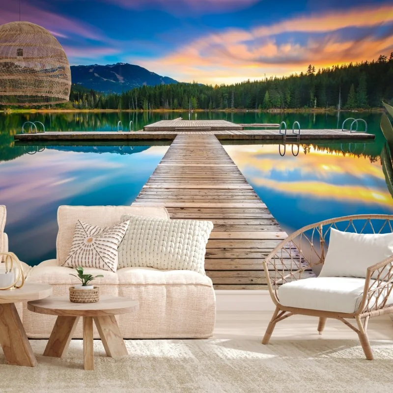 Fototapete ruhiger bergsee im sonnenuntergang