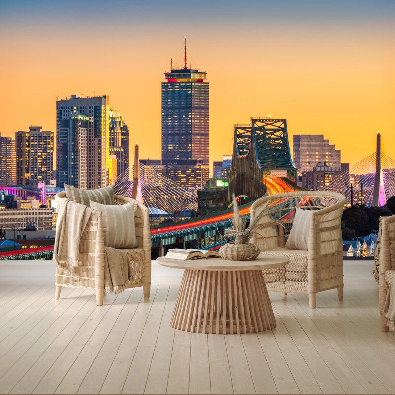 Fototapete panorama von Boston bei sonnenuntergang mit Zakim und Tobin brücken