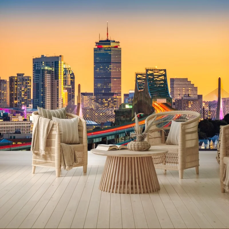 Fototapete panorama von Boston bei sonnenuntergang mit Zakim und Tobin brücken