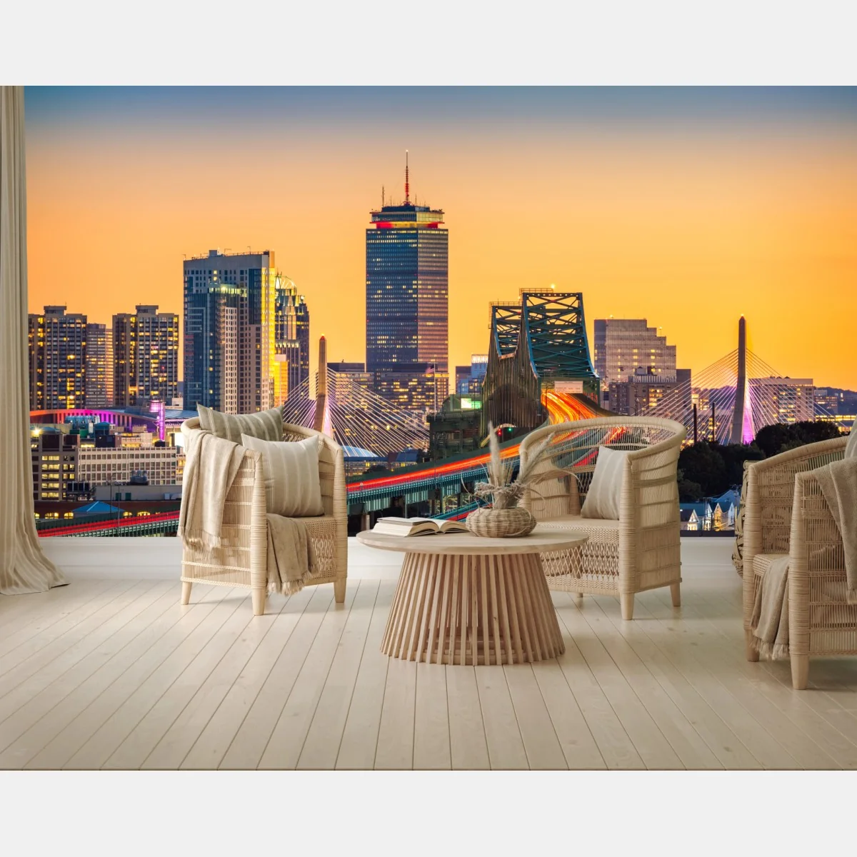 Fototapete panorama von Boston bei sonnenuntergang mit Zakim und Tobin brücken – Wallnifity® Fototapete panorama von Boston bei sonnenuntergang mit Zakim und Tobin brücken – Wallnifity®