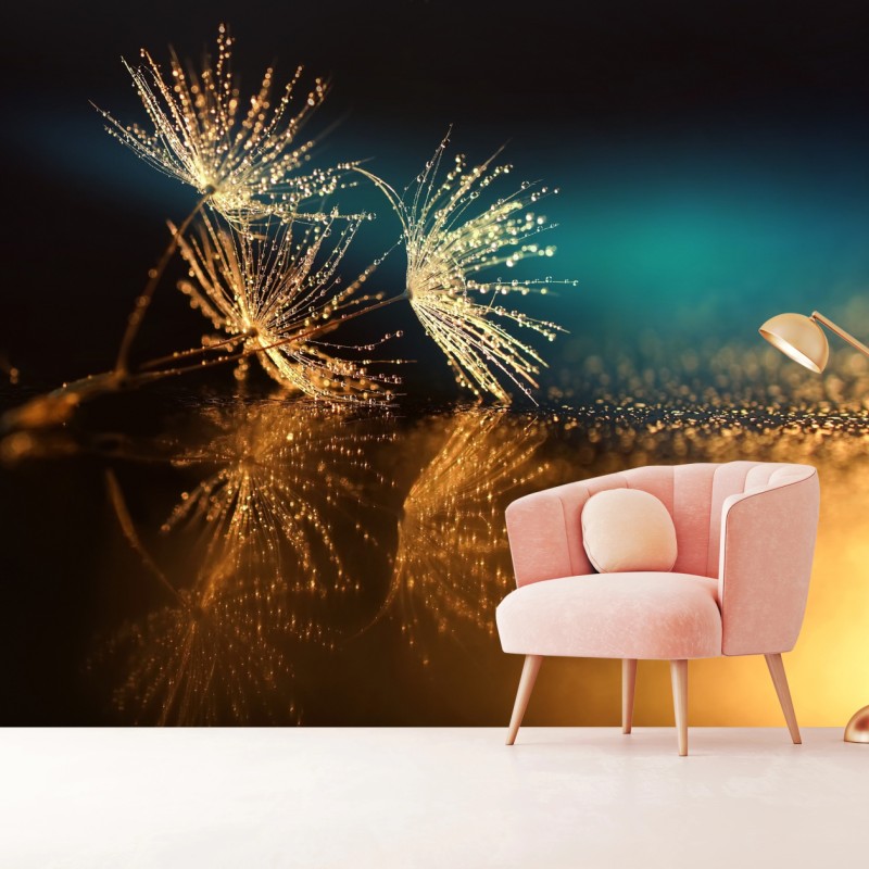 Fototapete goldene reflexion von löwenzahnsamen