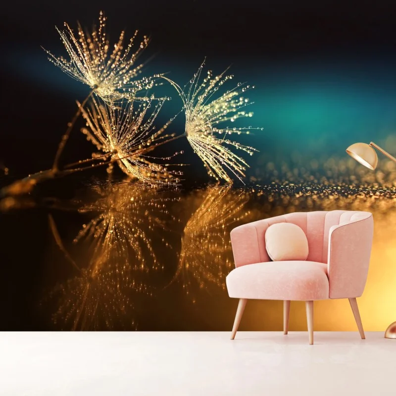 Fototapete goldene reflexion von löwenzahnsamen – Wallnifity® Fototapete goldene reflexion von löwenzahnsamen – Wallnifity®
