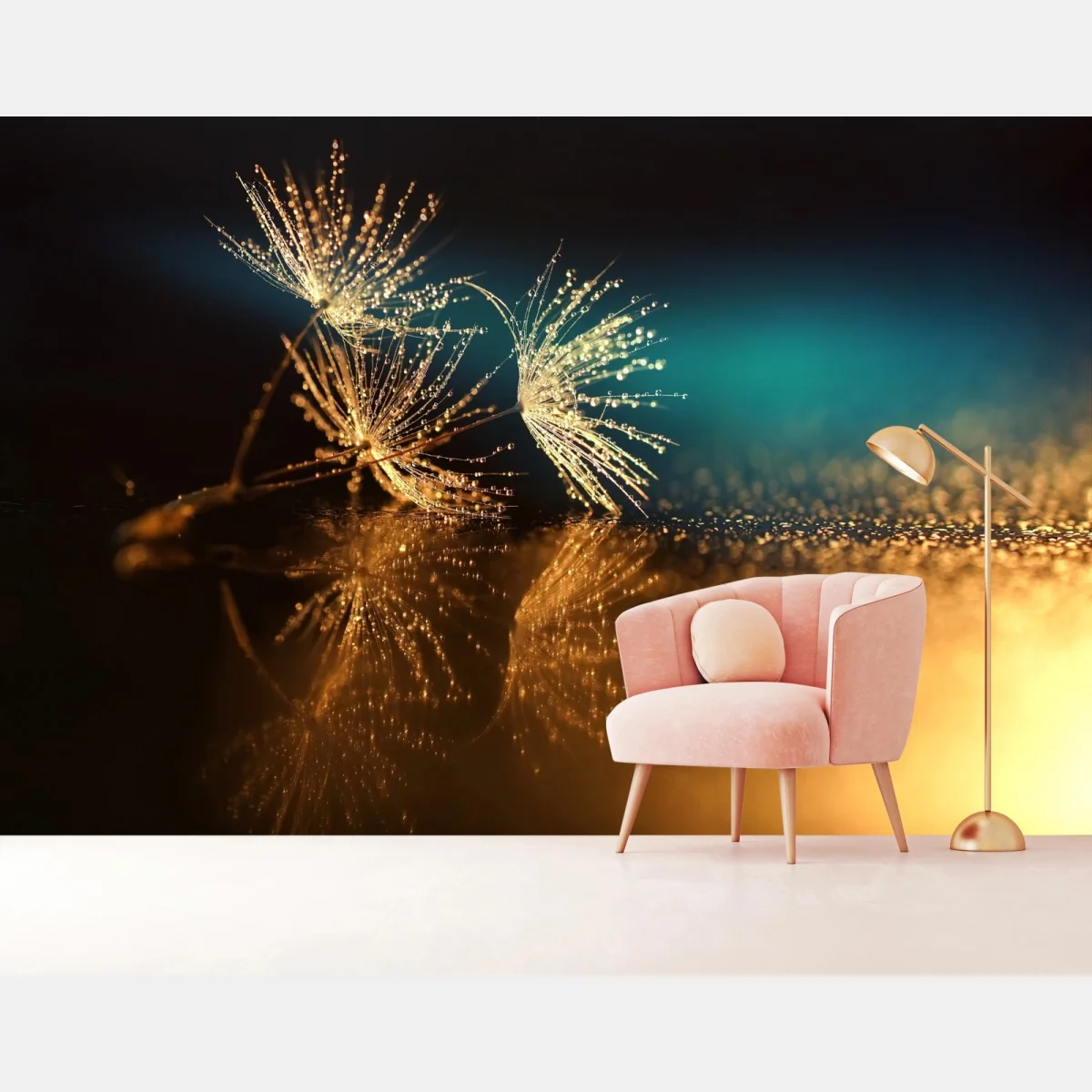 Fototapete goldene reflexion von löwenzahnsamen – Wallnifity®