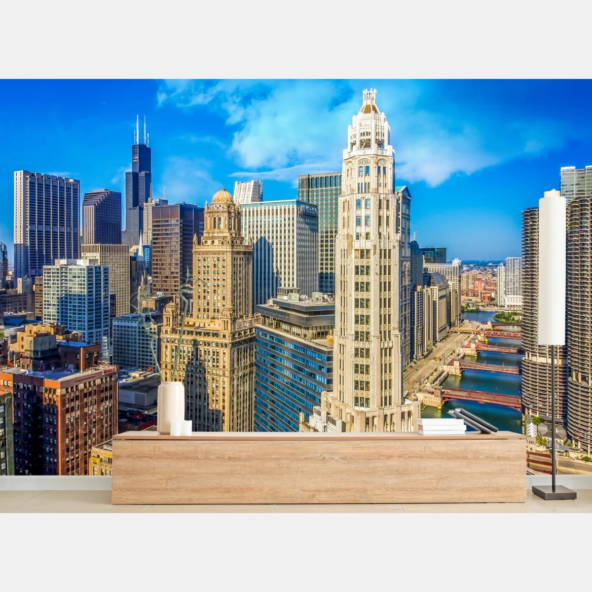 Fototapete Chicago skyline über dem fluss – Wallnifity®