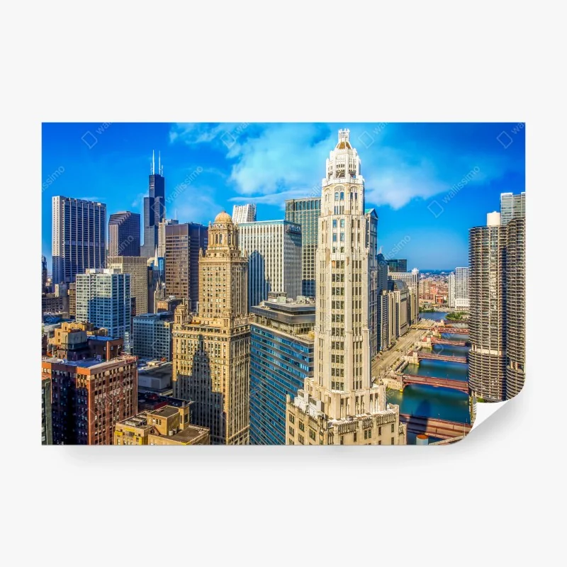 Fototapete Chicago skyline über dem fluss