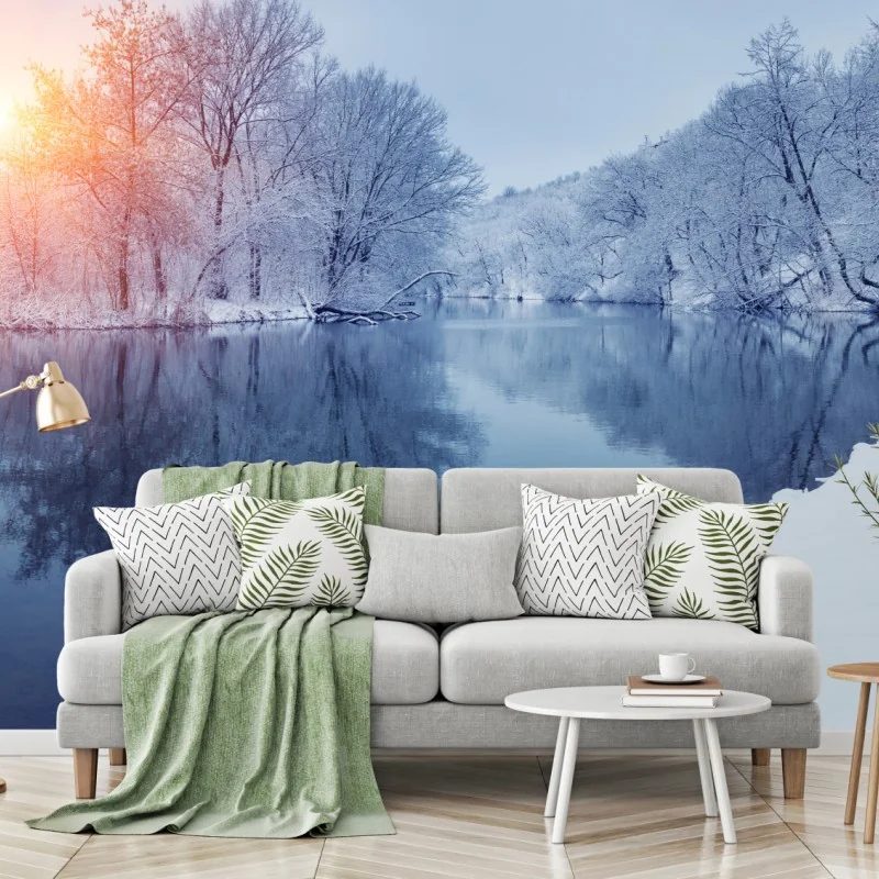 Fototapete winterliche flusslandschaft bei sonnenuntergang