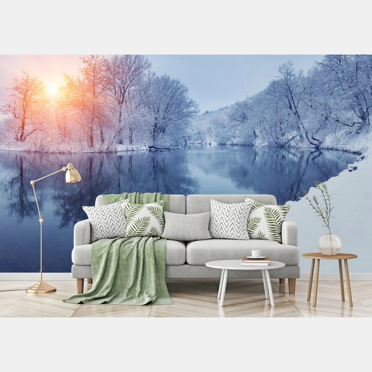 Fototapete winterliche flusslandschaft bei sonnenuntergang – Wallnifity®