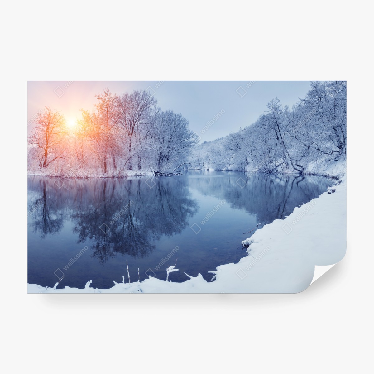Fototapete winterliche flusslandschaft bei sonnenuntergang – Wallnifity®