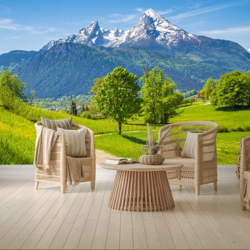 Fototapete ruhige alpenwiese mit berggipfeln