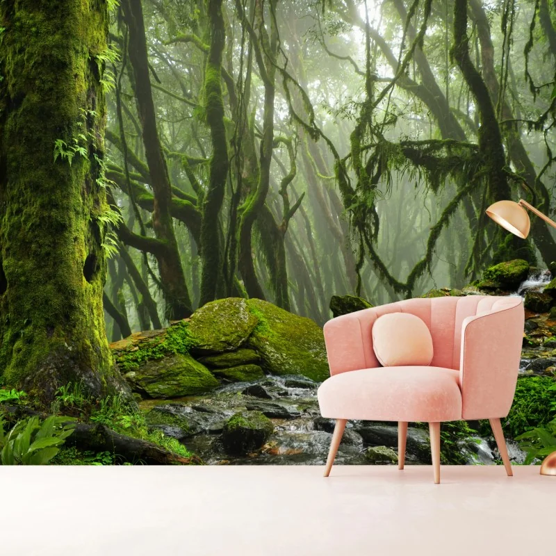 Fototapete moosiger wald mit bach im nebel – Wallnifity® Fototapete moosiger wald mit bach im nebel – Wallnifity®