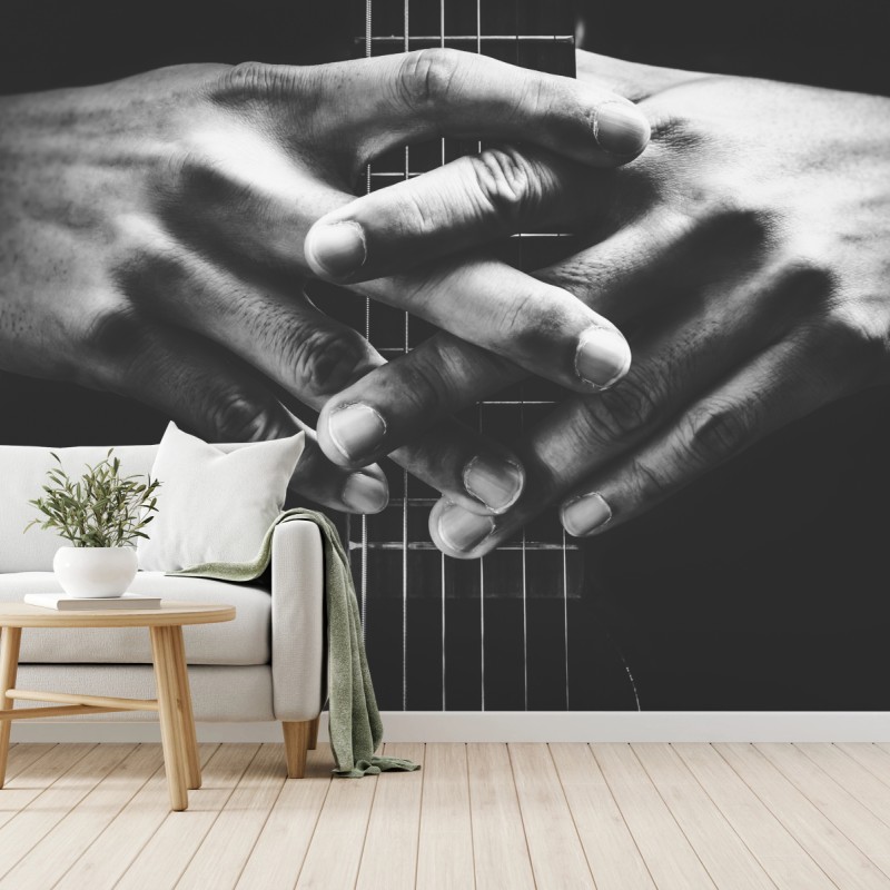 Fototapete verschränkte hände auf gitarrensaiten