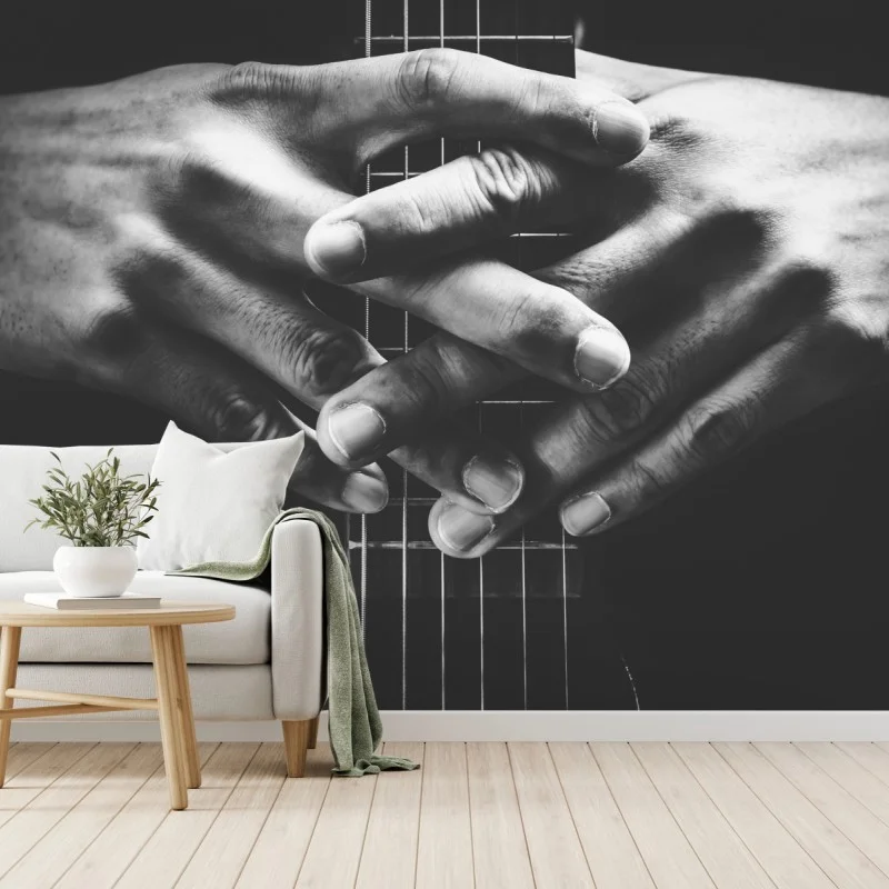 Fototapete verschränkte hände auf gitarrensaiten