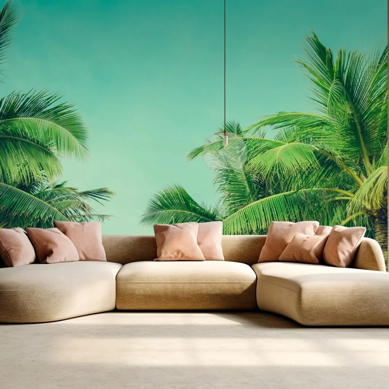 Fototapete tropisches palmendach unter türkisfarbenem himmel