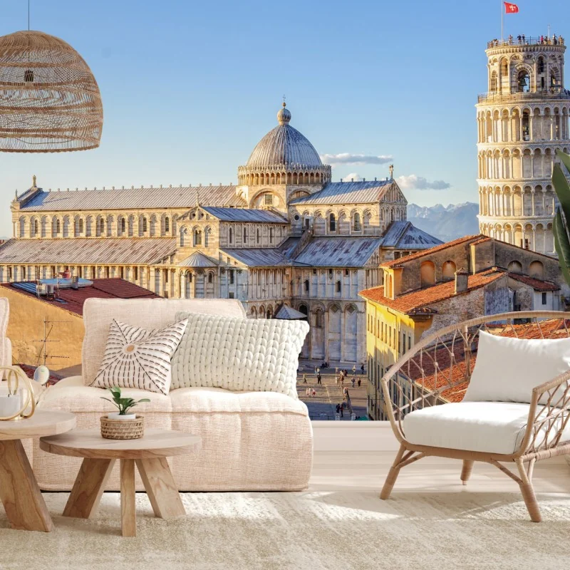 Fototapete sonnenbeschienener blick auf den dom von Pisa und den schiefen turm