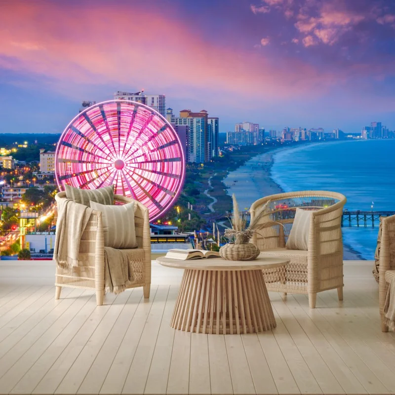 Fototapete Myrtle Beach sonnenuntergang skyline mit riesenrad – Wallnifity®
