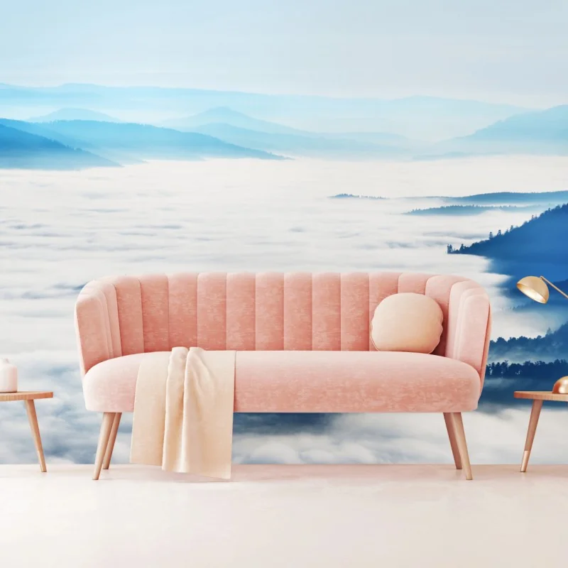 Fototapete neblige bergpanorama über dem tal