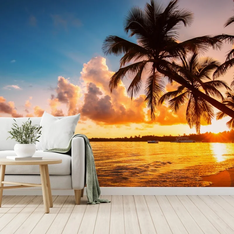 Fototapete tropischer sonnenuntergang mit palmensilhouetten, Dominikanische Republik – Wallnifity® Fototapete tropischer sonnenuntergang mit palmensilhouetten, Dominikanische Republik – Wallnifity®