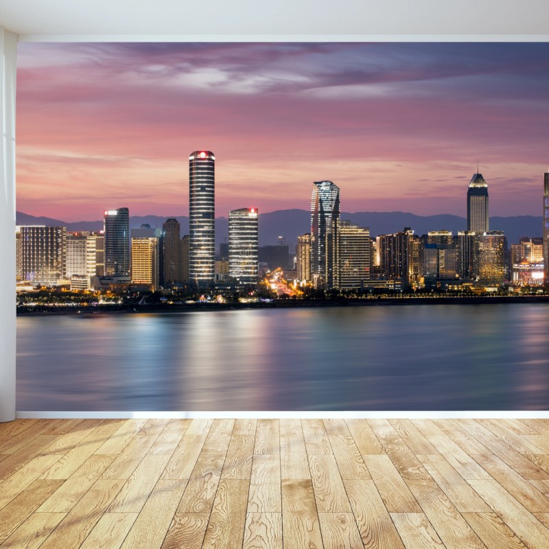 Fototapete ruhige stadtskyline bei dämmerung